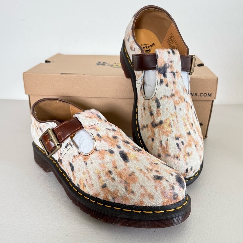 NEW DR MARTENS Genuine Calf Hair T-Bar Shoe Multi Butterscotch EU 45 US M11 W12